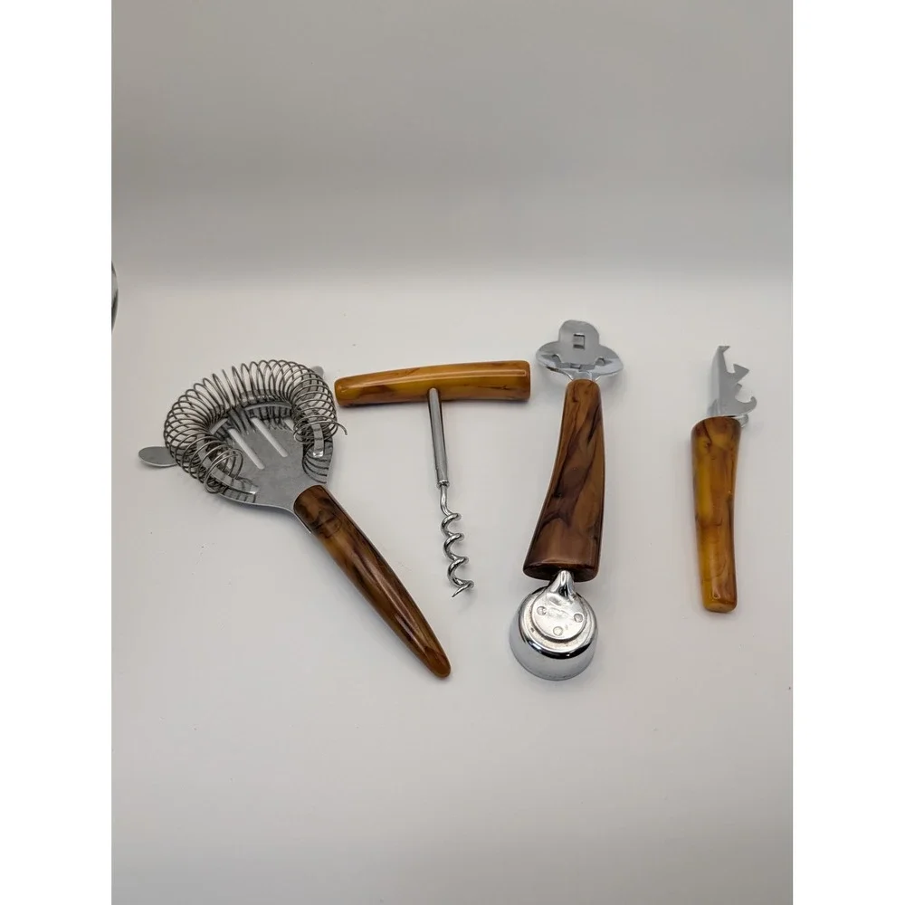 Vintage Bakelite 4 piece Barware Set Cocktail‎ Strainer Corkscrew Bottle Opener